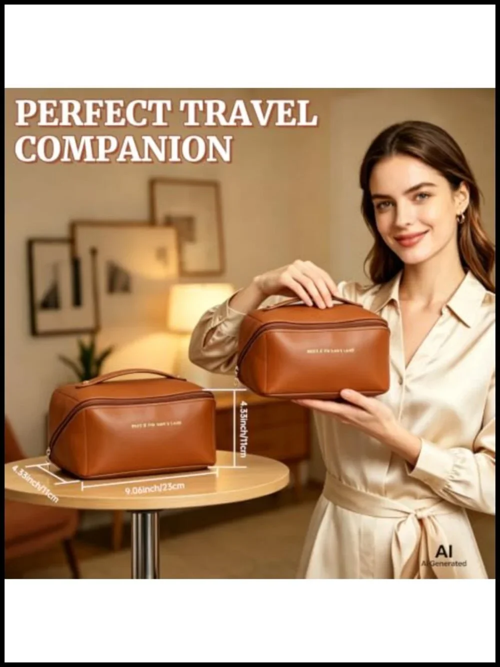 Large Travel Makeup Bag Waterproof PU Leather Lay Flat Organizer with